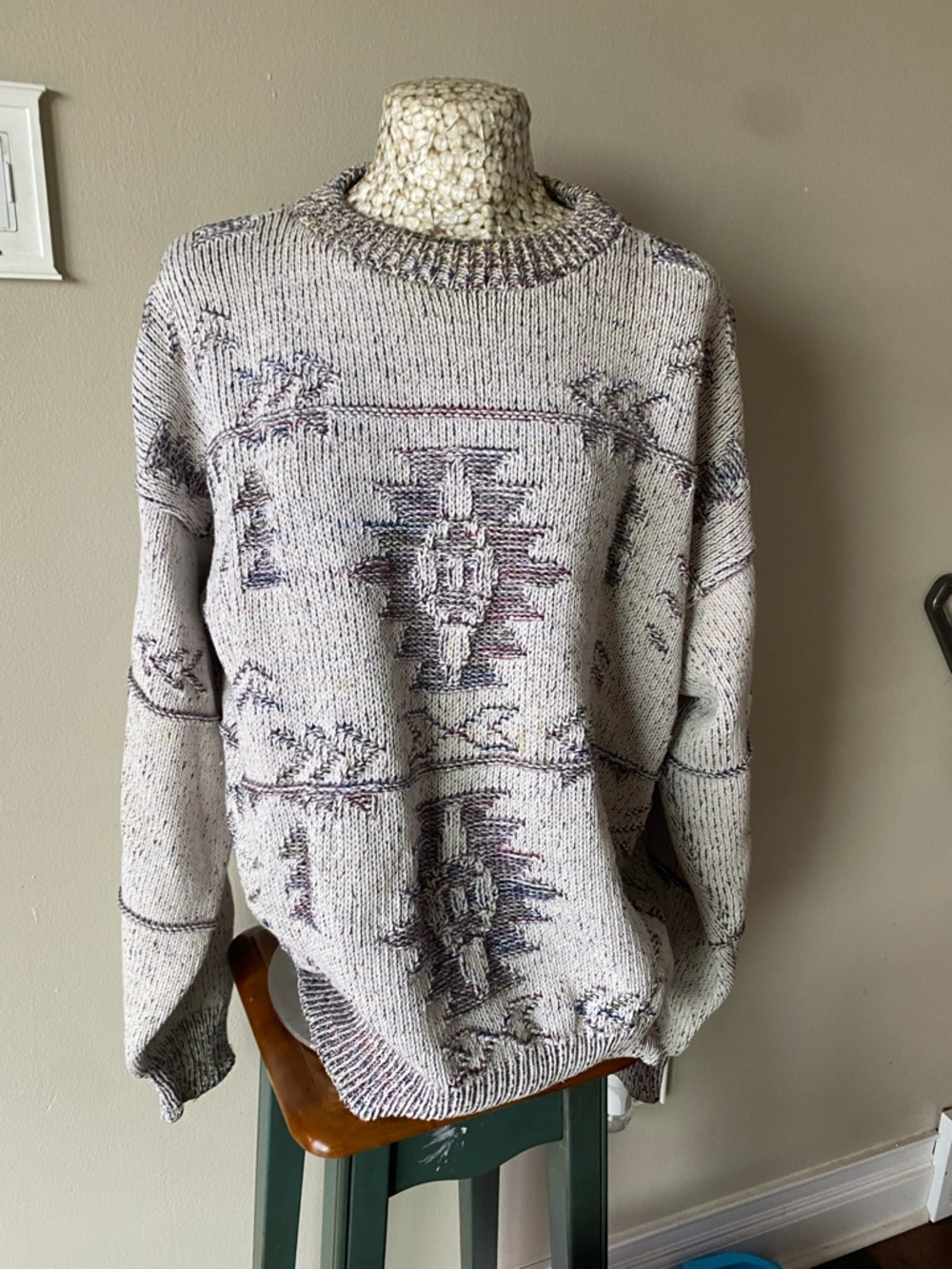 Vintage 90s Cozy Southwestern Pattern Knit Sweater in Oatmeal and Dusty Purple